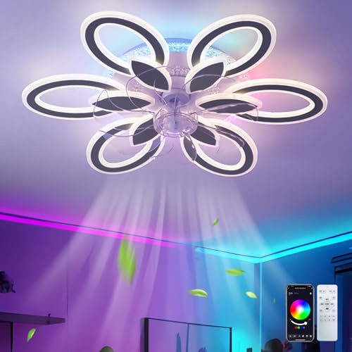 GWYAJTU RGB Ventilatore Da Soffitto Con Luce Silenzioso Reversibile 6 Velocità Pale Da Soffitto Con Luce Colore Modificabile Fiori Lampadario Con Ventola Dimmerabile Per Camere Da Letto E Soggiorni