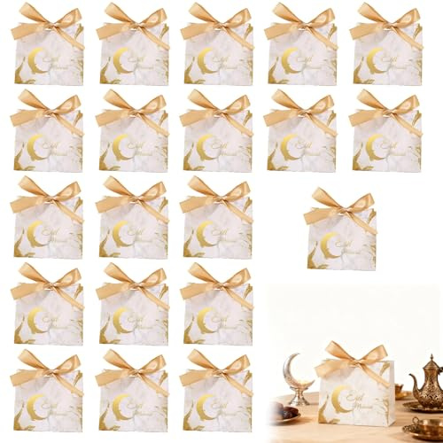 Eid Mubarak Geschenktüten Set, 20 Stück, Weiße Marmoroptik, 10 x 11,5 x 4,5 cm, mit Goldenen Bändern, Perfekt für Ramadan und Eid Festivitäten