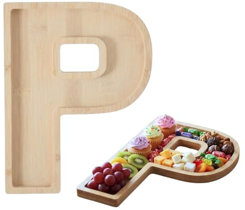 Bamboo Letter Food Board Tray Fillable Wooden Snack Serving Platters for Cheese, Fruits, Cookies, Candy Reusable Alphabet Charcuterie Display Box for Home Parties, Birthday Gift (P)