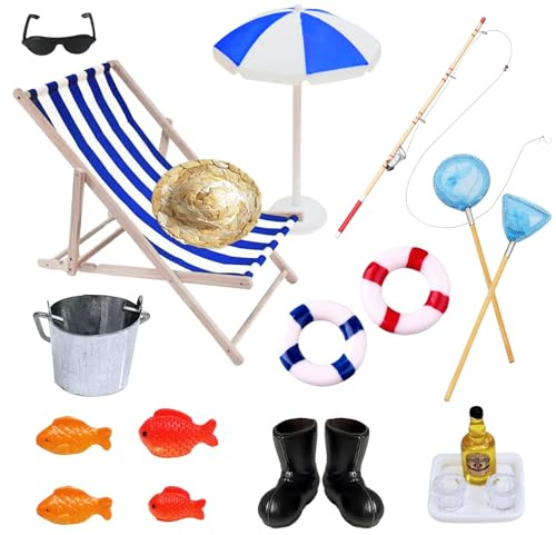 21 Stück Wichtel Angelrute Set, Miniatur Zubehör Puppenhaus Deko, Sommer Strand Mini Liegestuhl Deko mit Schwimmringe, Sonnenschirme, Fischernetze, Miniaturen 1:12 Puppenhäuser Geschenk