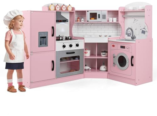GOPLUS Eck Spielküche, Kinderküche Holz, Eckspielküche mit Licht & Sound, Kinderspielküche mit Eismaschine, Mikrowelle, Herd, Ofen, Spüle & Waschmaschine, Spielzeugküche für Kinder ab 3 Jahren (Rosa)