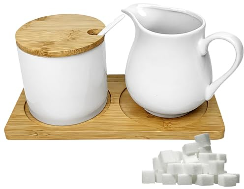 DAJASD 260 ml mjölkkanna vit keramik och sockerskål, keramisk mjölkkanna och sockerskål med träbricka