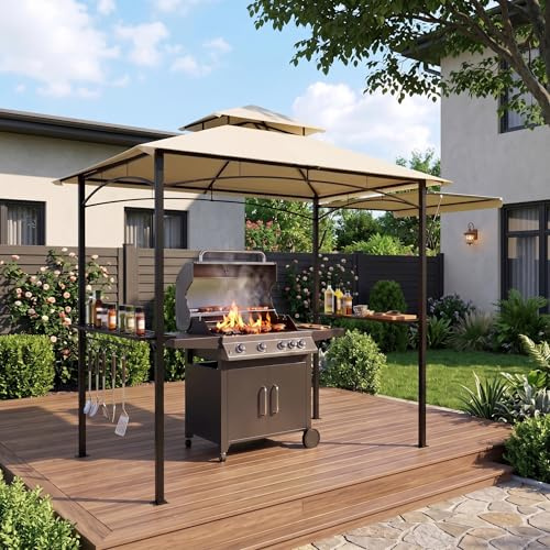 Naizy Grillpaviljong vintersäker 200 x 122 x 253 cm ventilation grillskydd med sidomarkering, 2 sidohyllor och krokar stålram paviljong för trädgårdsfest BBQ, beige