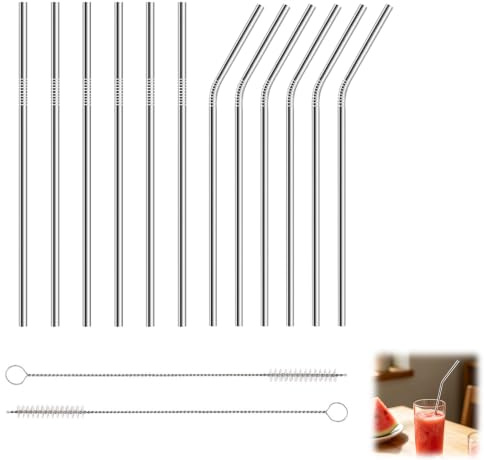 12 Reusable Stainless Steel Straws, 6 Straight & 6 Curved with 2 Brushes | Reusable and easy to clean; ideal for smoothies, shakes and cocktails, with 6 straight, 6 curved straws and 2 brushes.