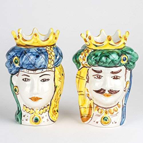 Cerámicas Azzaro & Romano Caltagirone - Cerámicas sicilianas Pequeñas, par de jarrones «cabezas de moro» hechas a mano