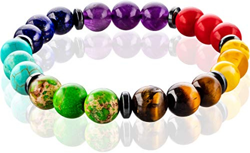FABACH Chakra Perlenarmbänder mit 8mm Schmuckstein-Perlen, Lavastein und Onyx-Stein (schwarz) - Yoga Armbänder aus Heilsteinen - Energiearmbänder für Damen und Herren