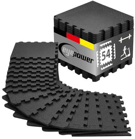 EYEPOWER Dalles de Protection Sol Fitness 30x30 cm Noir - 54 Tapis Home Gym - Dalles Amortissantes Salle de Sport - Protection Sol pour Tapis de Course Vélo Elliptique Crosstrainer