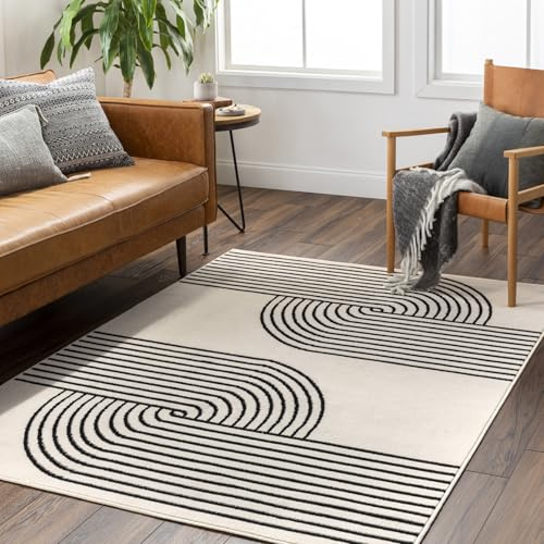 Livabliss Hialeah Wohnzimmer Teppich modern – Abstrakt Design in Marmor Optik für Wohnzimmer 200x275 cm, Esszimmer, Schlafzimmer - Marmor Teppiche groß, weicher Teppich Kurzflor in Elfenbein, Schwarz