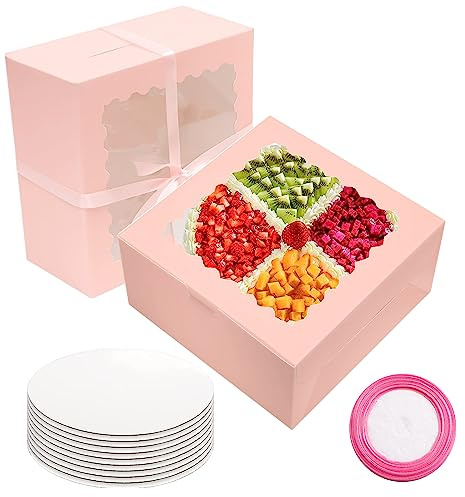 GUIFIER 10 PCS Tortenschachtel mit Sichtfenster, Cake Board und Band, Kuchenschachtel Pappe, Bäckerei Boxen mit Fenster Keksschachtel Gebäck Boxen Karton Tortenkartons 25x25cm für Torten Kuchen -Rosa