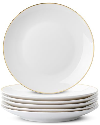 BTaT- White Dessert Plates with Gold Rim, Set of 6, 8 Round, Porcelain, Elegant Style, Dinner Plates