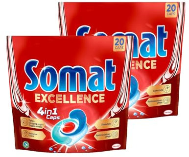 Somat Excellence 4in1 Caps, 40 Caps (2x 20 Caps), schnellauflösende Spülmaschinentabs, Somat Caps für exzellente Reinigung & Glanz sogar im Eco-Programm & bei niedrigen Temperaturen
