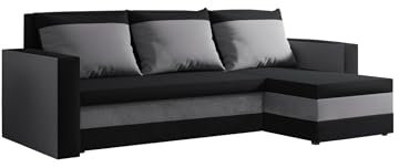 FORNIRO 24 Loft Ecksofa mit Schlaffunktion und Bettkasten – Sofa L-Form 225x130x75 cm, Stoff Basic in Schwarz-Grau, 3 Sitze & Kissen für modernes Wohnen
