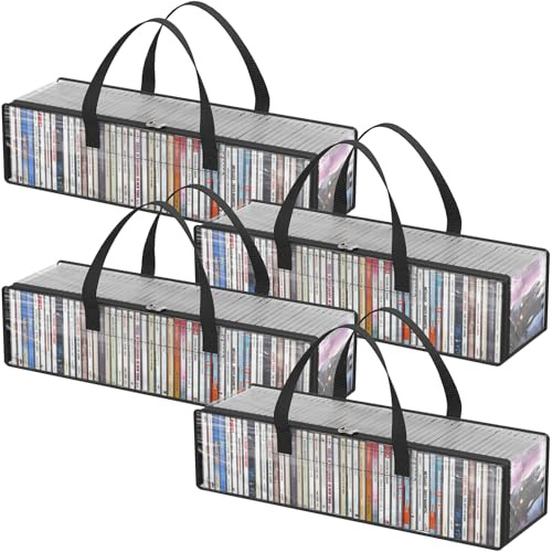Lifewit CD Storage Bags, Clear PVC Plastic CD Case Holder with Handles, Front Window Zipper Design, Stackable Media Organizer Box for Albums, Hold up to 200 Pcs CDs (50 Each), 4 Pack