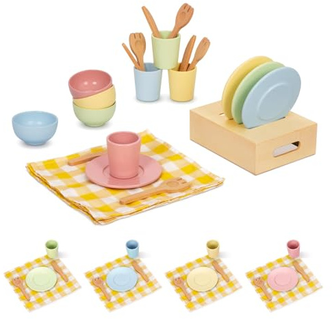 OOOK Wooden Play Dishes and Plates for Kids Kitchen Set, 25 PCS Wooden Play Kitchen Accessories, Pretend Montessori Kids Pots and Pans Playset for 3+ Toddlers