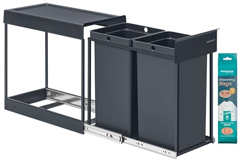 SONGMICS Pattumiera da Cucina per Raccolta Differenziata, Cestino da Incasso per Mobile, 2 x 15 L Doppio Scomparto, Estraibile, Struttura in Acciaio, Coperchio in ABS, Grigio LTB950GZ01
