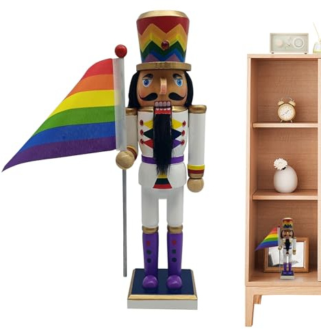 Figurine de Casse-Noisette de Noël | Art de Noël en Bois de Casse-Noisette, décoration Traditionnelle avec Drapeau Arc-en- pour fenêtre, étagère