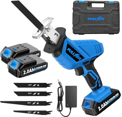 FULLYEA Reciprocating Saw Cordless, 0-3500SPM Variable Speed Reciprocating Saws with 2 Batteries, 4 Saw Blades, Tool-Free Blade Change, Electric Reciprocating Saws for Woods/Metal/Plastic Cutting,Blue