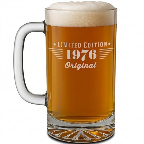 Vintage 1976 Etched 16oz Glass Beer Mug Stein - Happy 50th Birthday Gifts for Men Women, Cheers to Turning 50 Year Old Man Decoration Decor, Anniversary Bday Party Supplies Favors Maverick