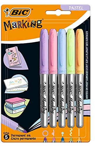 BIC Intensity Marcadores Permanentes de Punta Fina - Colores Pastel Surtidos, Blíster de 5 Rotuladores