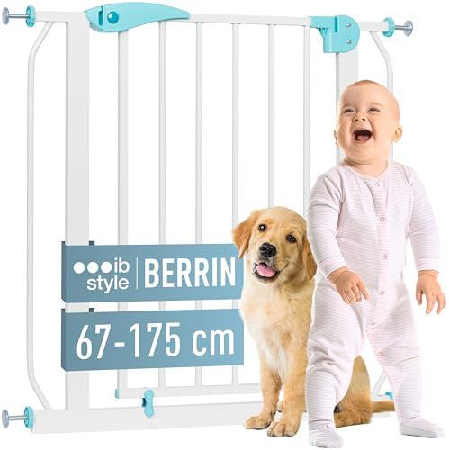 IB-Style - Barrera de Seguridad para Puerta/Escalera «Berrin» | 75-175 cm | Color Blanco/Turquesa | Se Cierra automáticamente | Ganadores premios en Alemania | Ajustable de 85-95 cm