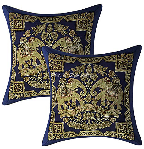 Stylo Culture Bohemio Forros para Cojines Decorativos 30x30 cm Brocado De Seda Elefante Fundas De Almohadones Sofa Azul Marino Jacquard Cuadrado Cremallera Fundas Almohadones para Sillas - 2 Pcs