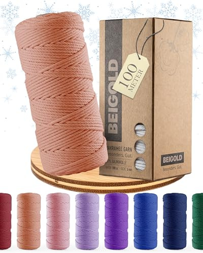 BEIGOLD® Premium Makramee Garn 3mm x 100m - Lachs | Baumwollmischgarn, Zum Knüpfen von Macrame, Rope Garn, Für Kunst DIY Handwerk