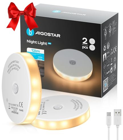 Aigostar 2 Stück Nachtlicht LED mit Bewegungsmelder, Nachtlampe mit 2 Farbtemperaturen, Selbsthaftende Schrankbeleuchtung Aufladbar USB mit Magnetstreifen für Kinderzimmer, Schlafzimmer, Flur, Küche