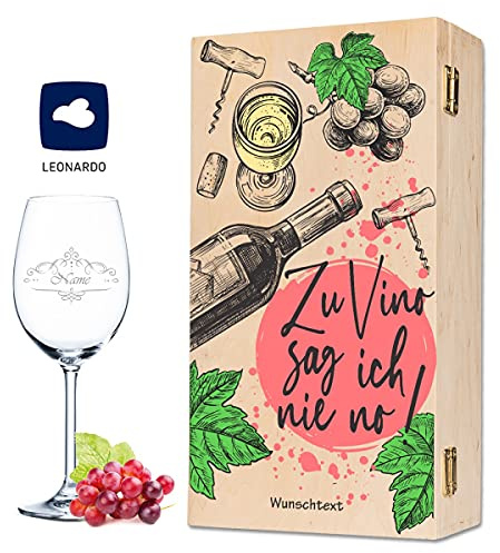 GRAVURZEILE Vino Präsent con bicchiere da vino Leonardo e stampato – Da Vino sag ich nie no – Scatola in legno per il compleanno come regalo per donne e uomini – Vino Tandem gigante a scelta