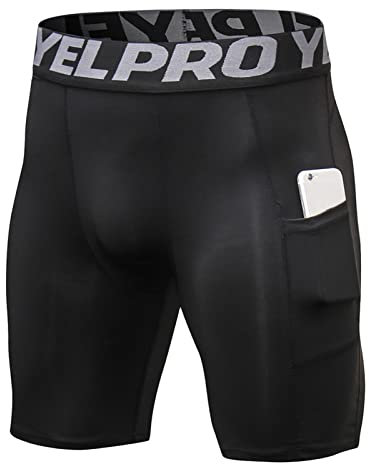 Yishengwan Short Compression Homme Running Collant Court de Sport avec Poches Respirant Séchage Rapide Short de Course pour Fitness Workout Cyclisme Noir XL