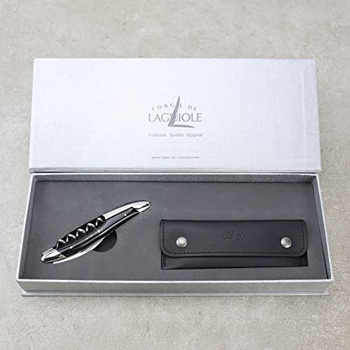 Forge De Laguiole Erbjudande set servitörskniv sommelier kniv handtag horn spets – glänsande svart läderfodral + polerduk