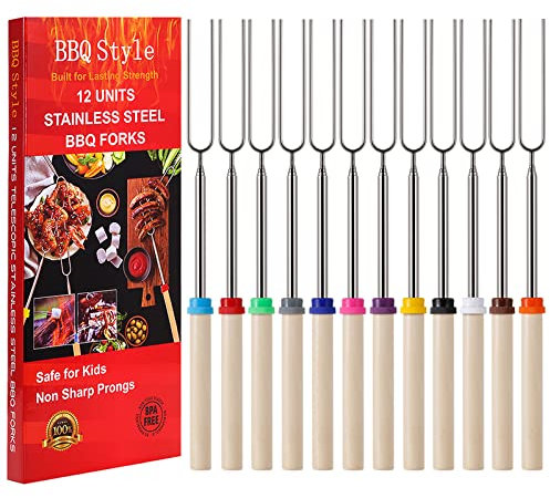 12 PCS Marshmallow Toasting Forks, Smores Sticks for Fire Pit, Telescoping Marshmallow Roasting Sticks Barbecue Forks for Hotdog Hot Dog Bonfire Smores Skewers for Open Fire Pits Campfire Camping