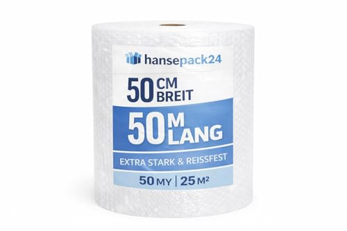 Luftpolsterfolie 3 Rollen 50m x 50cm - Extra Starke Noppenfolie für Umzug & Versand - Polsterfolie Rolle - Luftpolster Verpackungsmaterial - Ideal für Transportschutz & Polsterung