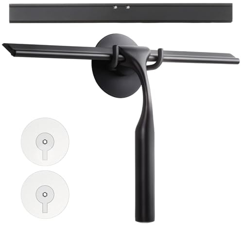 GlobaLink Shower Squeegee, 12 inches Stainless Steel Shower Scrapers with Hanging Suction Hook All-Purpose Bathroom Window Wiper With Replacement Silicone Blade for Shower Door, Mirror-Black | with Hanging Suction Hook All-Purpose Bathroom Window Wiper With Replacement Silicone Blade for Shower Door, Mirror - Black