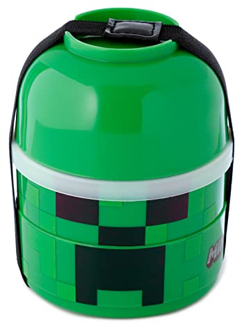 Puckator Minecraft Creeper Stacked Round Bento - Lunch Box for Adults and Kids with Compartments - Snack Box - Food Containers With Lids - Stackable Snack Pots For Kids - Meal Prep Container Lunchbox