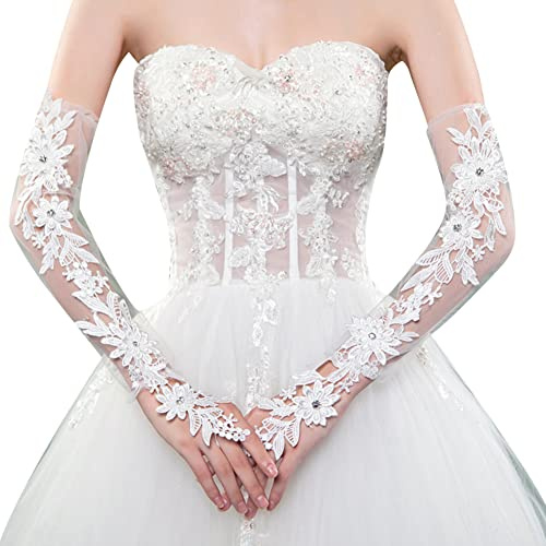 ISAKEN 1 Paar Braut Handschuhe Armstulpen Fingerlose Spitze mit Fingerschlaufe, Spitzen Hochzeitshandschuhe Brauthandschuhe für Hochzeit, Abschlussball, Braut Hochzeit Accessoires
