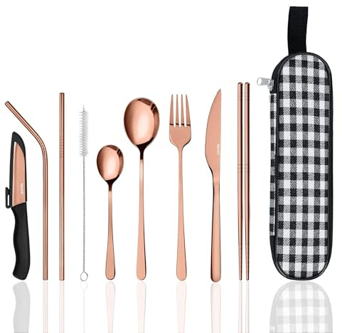 hecef Cubiertos para Llevar 9 Piezas Oro Rosa, Cutlery Set con Estuche
