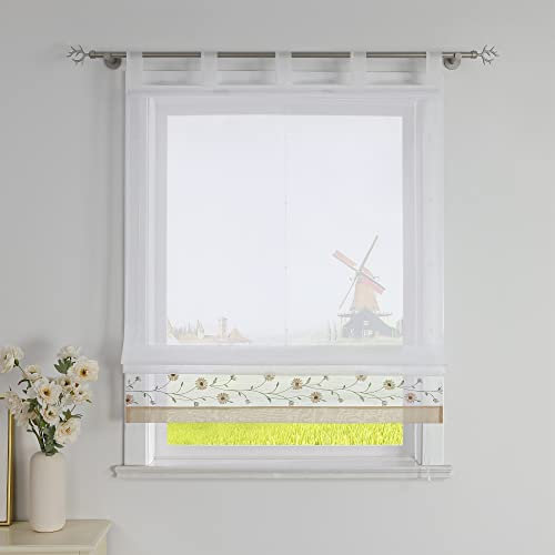 CORLIF Raffrollo mit Schlaufen Modern Raffgardine Küche Schlaufenrollo Leinenoptik mit Blumen Stickerei Transparente Rollo Landhaus Kurz Fenster Schal B/H 100/150 cm Sand