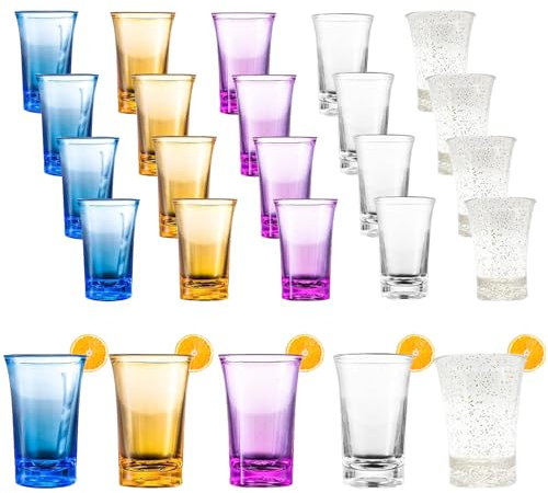 25 vasos de chupito, 35 ml, acrílico, vasos cortos, fondo grueso, plástico acrílico, para bares, fiestas, fiestas, carnaval, festivales de música, reunión (5 colores)