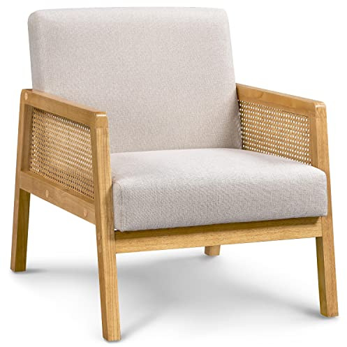 Yaheetech - Silla de salón de Madera, diseño de ratán, Macizo y Tela, Silla de ratán con Cojines Acolchados, Silla Auxiliar para salón, Dormitorio, terraza, jardín, Color Beige