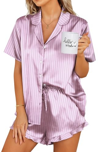 Ekouaer Silk Pajamas Womens Short Sleeve Sleepwear 2 Piece Satin Pjs Shorts Set Button Down Loungewear Striped Purple S