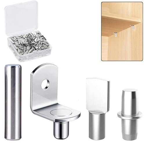 120 Stück Regalstifte-Set, 4 Stile, 5 mm und 1/4 Zoll, vernickelt, Regalstütze, Bücherregal-Heringe für Regale, Schrankregalhalterung, Regalstifte, Halter für Küchenmöbel und Schrank