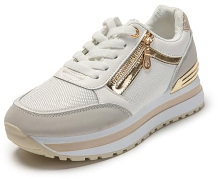 JOMIX Zapatillas Mujer con Plataforma - Zapatos Deportivos con Cuña para Gimnasio y Caminata, Blanco, 39 EU