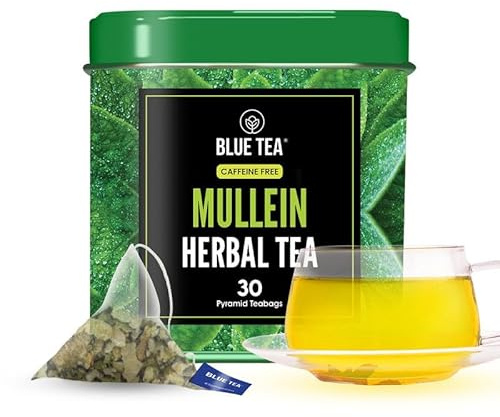 BLUE TEA - Mullein Tea - 30 Count - Pyramid Plant Based Biodegradable Tea Bag | Anti Inflammatory | Herbal Tea - Caffeine Free - Mild Flavor | Reusable Tin Pack