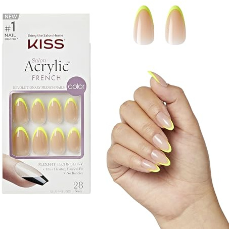 KISS Acrylic Nude French Press-On Nails Kit - Hype Gialla Unghie Finte Corte, Dual Form Gel Ricostruzione Unghie, Kit Ricostruzione Completo con Colla per Unghie Finte Adesive e Tip in Gel Manicure