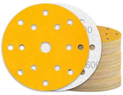 KONGMING 60 Pcs 150mm Sanding Discs Grit 600 Hook and Loop 15 Hole for Random Orbital Sander