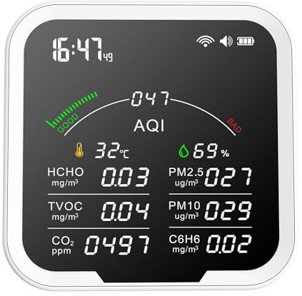 Detector de Fugas de Gas Natural Medidor portátil de Calidad del Aire HCHO/TVOC/CO2/PM2.5/PM10/AQI/C6H6, probador de Temperatura y Humedad, Detector de dióxido de Carbono con Pantalla de 4,8 Pulgadas