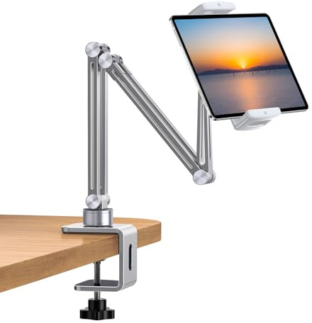 nediea Tablet Stand For Desk, for iPad Adjustable Holder With Clamp Mount | 360° Rotation Aluminum Stand , Compatible With 4-12.9 Inches Devices, Fit For Desk/Bed/Kitchen/Office (Silver)