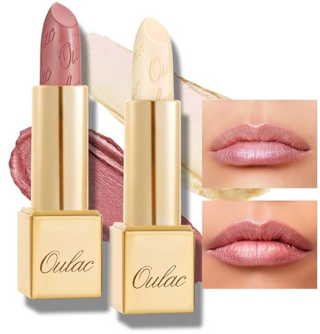 Oulac Nude-Rosa Metallic-Glanz-Lippenstift-Set, Mattes Metallic-Finish, Hochpigmentierte und Feuchtigkeitsspendende Formel, Glatt und Kornfrei, Vegan 2PCS