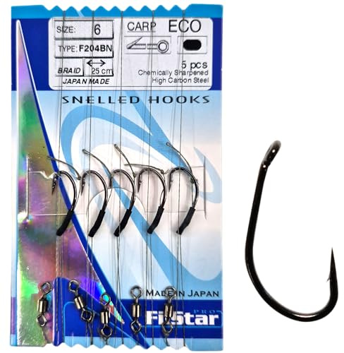 PRO FILSTAR Angelhaken CARP Set 5Stk, N6 mit Vorfach & Wirbel, Flechtschnur | 25cm - Angeln Karpfen Zubehör - Carp Fishing Hook - Boilies & Pellet Haken - Method Feeder – Vorfachschnur - Sport Set