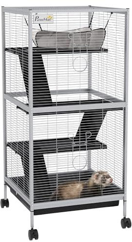 PawHut Cage pour Petits Animaux Portable à 4 Niveaux Cage Chinchilla Cage Furet avec roulettes, 2 Portes, 3 Rampes, Hamac et Plateau Amovible, 52 x 52 x 113,5 cm Blanc